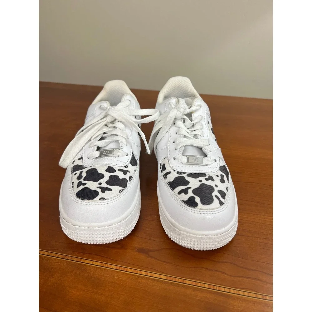 Nike Air Force 1 Low Custom Cow Print White Black Sneakers 315115-112 Womens 7